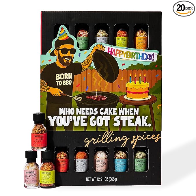 Smokehouse by Thoughtfully Gourmet Ultimate Grilling Spice Set with Birthday Wrap Includes 20 BBQ Seasonings &amp Rubs Like Chili Garlic Italian and Cajun Gift for Him Dad or Grill Lovers