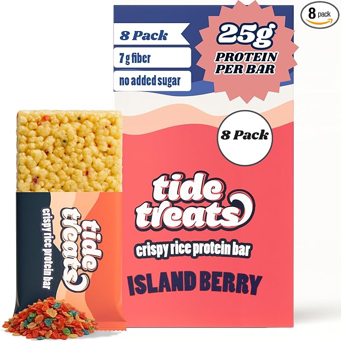 Crispy Rice Protein Bar | 25 g Protein No Added Sugar 7 g Fiber Gluten Free | High Protein Snack for On-the-Go Post-Workout or Dessert Cravings | 8 Count (Island Berry)