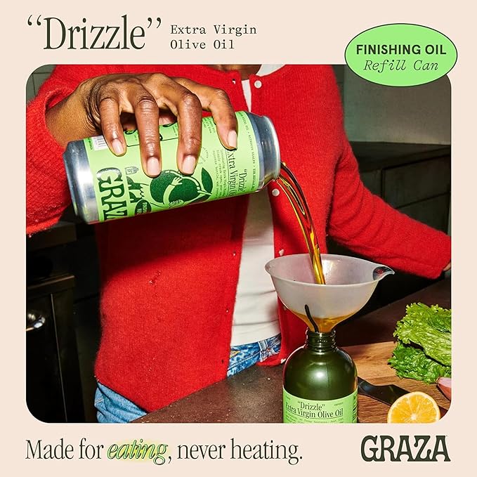 Graza Drizzle Extra Virgin Olive Oil Finishing Oil - High Polyphenol Early Harvest EVOO Finishing Oil in a Squeeze Bottle - Single Farm Olives from Spain - 16.9 Fl Oz (500ml) Refill Can (Pack of 2)