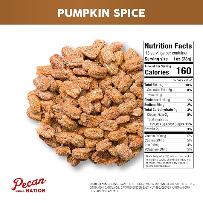 Pecan Nation Pumpkin Spice Roasted Georgia Pecan Halves 16 oz. Natural No preservatives Antioxidant-Rich Non-GMO Healthy Snacking Pecans for Adults and Kids