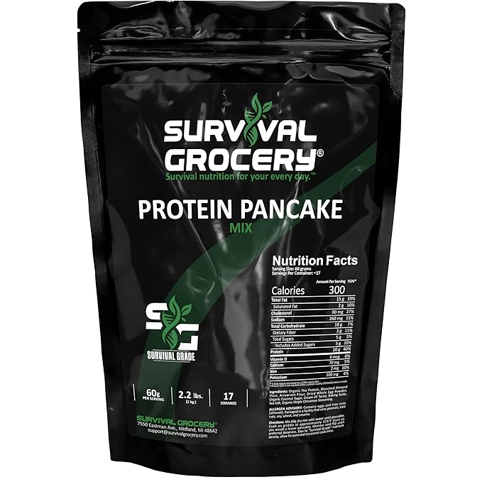 Survival Grocery® Protein Pancake Mix - High Protein (20g) Balanced Macros (15g Fat 14g Net Carbs) Organic Pea Protein Base - Gluten-Free Dairy-Free Just Add Water (1 kg / 1 Bag)