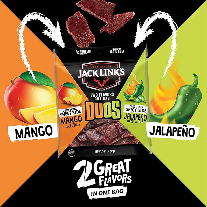 Jack Link's DUOs Jalapeno and Mango Beef Jerky - (4 Pack) 3.25 oz Bags - Ready to Eat Protein Snacks - 9g Protein per Serving - Made with 100% Real Beef