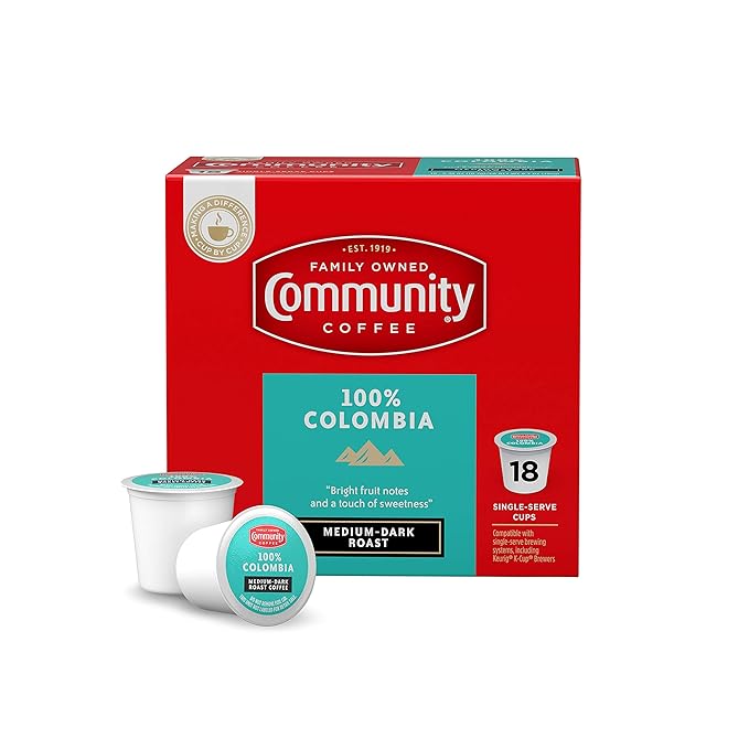 Community Coffee 100% Colombian 18 Count Medium-Dark Roast Single Serve K-Cup Compatible Coffee Pods Box of 18 Pods