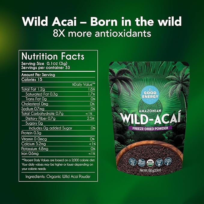 It's Good Energy Organic Amazonian Wild Açaí Powder | 100% Wild Grown Sustainably Collected | Prevents Deforestation | Freeze-Dried | 8X More Antioxidants | No Sugar Non-GMO Gluten-Free | 8.4oz