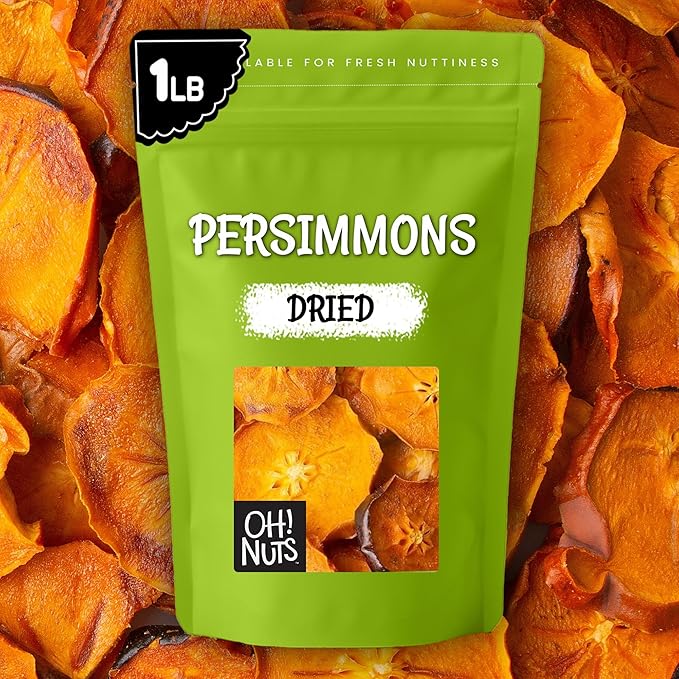 Oh! Nuts Dried Persimmons - Dehydrated Fruit - No Sugar Added - 1 lb Bag - Persimmon Slices - Dried Persimmons for Snacking &amp Baking