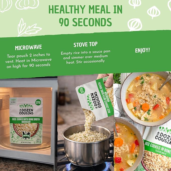 A Dozen Cousins Bone Broth Rice Variety 6pk Ready to Eat Seasoned High Protein Rice Clean Ingredients Sea Salt Classic Spanish Easy Side Dish Halal Chicken Bone Broth Gluten Free 8oz Packets