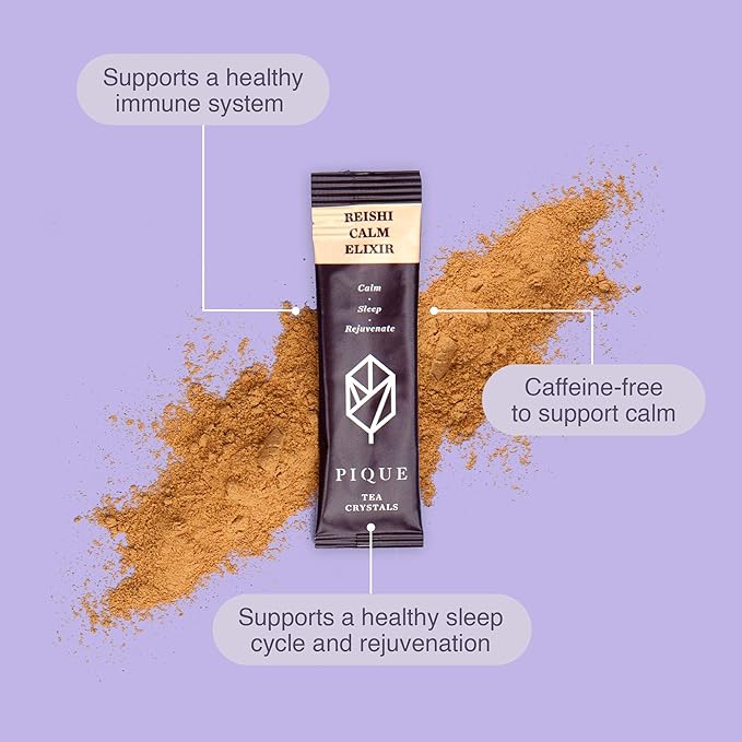 Pique Organic Reishi Mushroom Tea - Caffeine-Free Herbal Tea Adaptogen Powder for Rejuvenating Sleep and Rest Supports Healthy Immune System - 28 Single Servings (1 Pack)