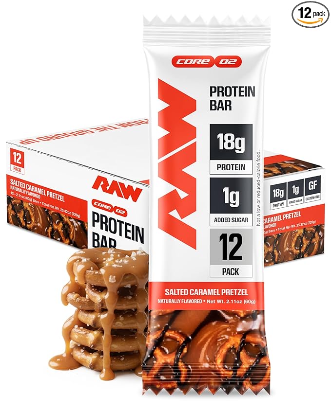 RAW Nutrition Protein Bars Salted Caramel Pretzel 18g Whey Protein Low Sugar Better-for-You Candy Bars Gluten Free Chocolate Protein Snack for Muscle Recovery &amp Gym Fuel 12 Count