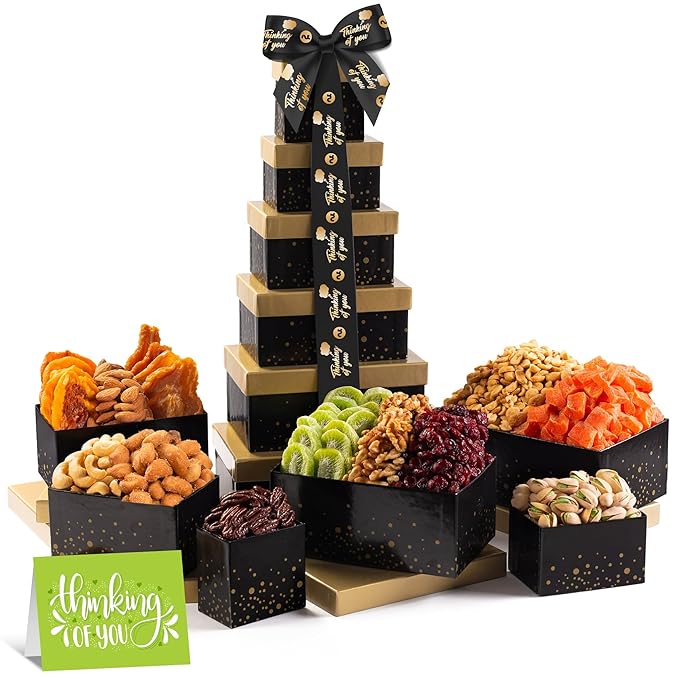 NUT CRAVINGS - Thinking of You Nuts &amp Dried Fruits Tower Gift Basket with TY Ribbon + Greeting Card (12 Assortments) Food Arrangement Healthy Snack Care Package Food Assortments