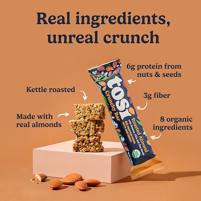 Tosi Nut Bars Almond Healthy Snacks for Adults &amp Kids Plant Based Crunchy Bars (5G Protein) Organic Keto Snacks Vegan Gluten &amp Soy Free Low Sugar Omega 3s 1oz 12-Pack