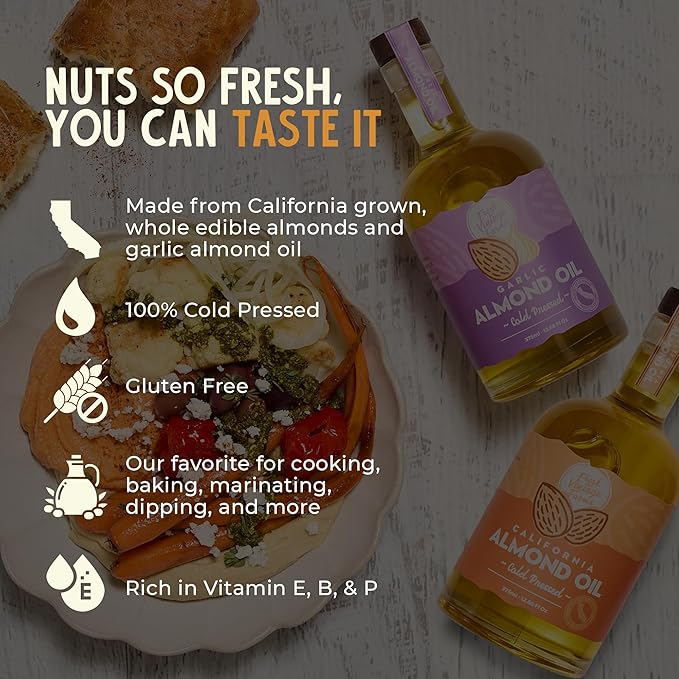 Fresh Vintage Farms Nut Bundle 100% Cold Pressed Almond &amp Garlic Almond Cooking Oils | Cold Pressed &amp Nutritious Healthy Oils for Cooking Baking Dipping Salads &amp Marinades | 375ml Pac