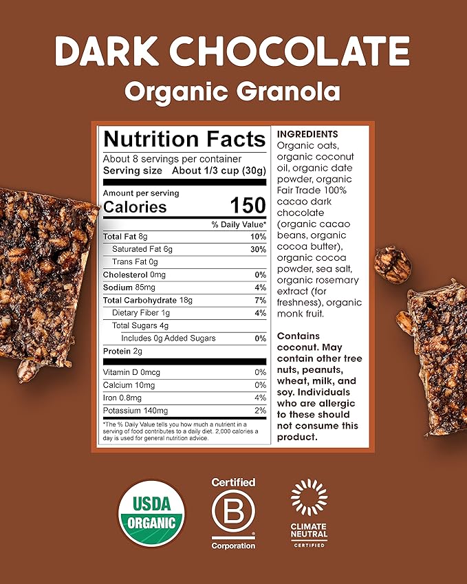 Alter Eco Dark Chocolate Granola Healthy Organic Breakfast &amp Snack Naturally Sweetened with Fruit Vegan No Artificial Sugars or Additives Regeneratively-Farmed Oats (Dark Chocolate - 6 Pack)