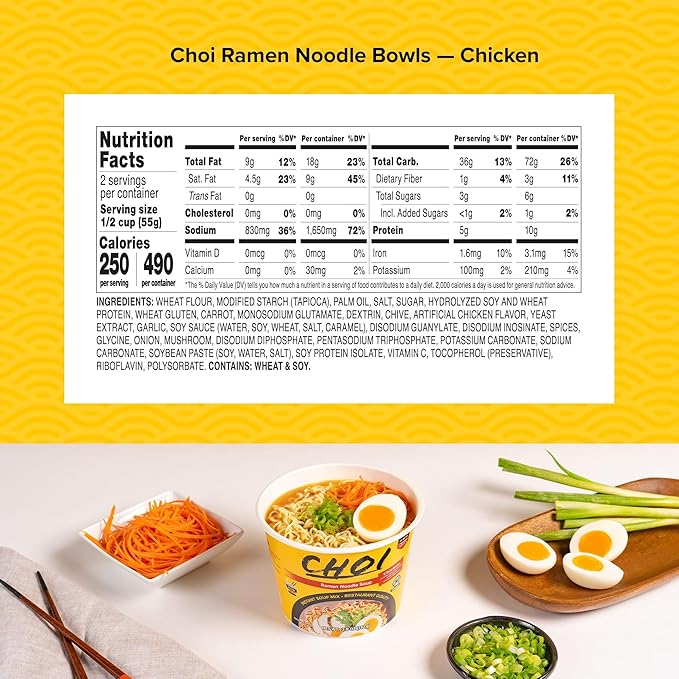CHOI Ramen Noodle Soup Chicken Flavored - Microwavable Bowl 3.8 oz. (110g) 6-Pack