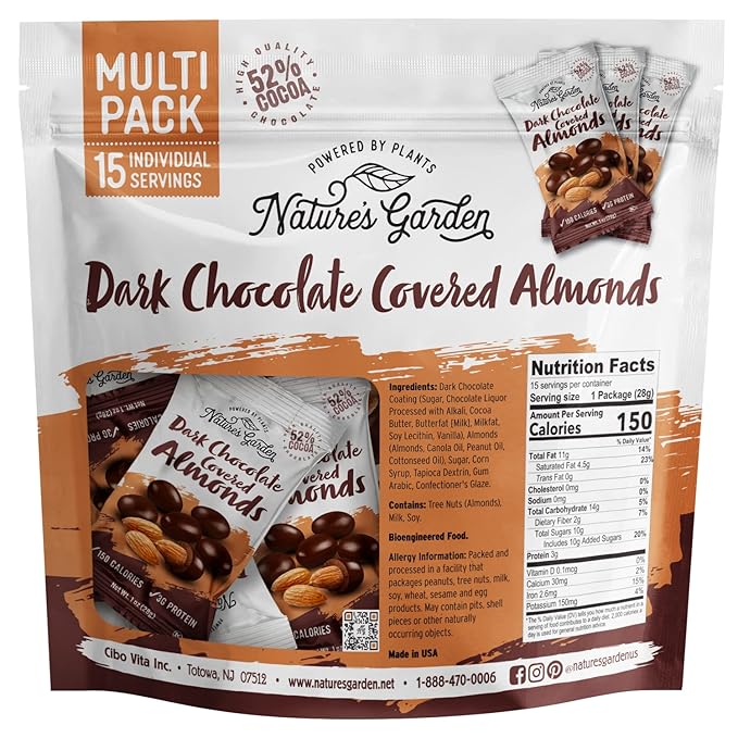 Nature's Garden Dark Chocolate Covered Almonds Snack Packs – No Trans Fat Indulgent Snack Dark Chocolate Almonds Kosher Certified – 1 Oz Bags (15 Individual Servings)