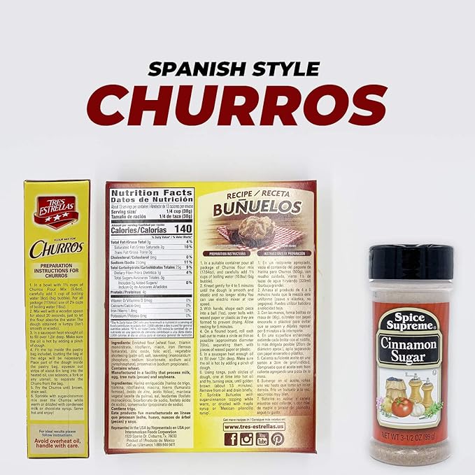Tres Estrellas Churros Mix with Spice Supreme Cinnamon Sugar 3 Pc. Bundle Authentic Mexican Batter Powder for Crunchy Donut Sticks Easy to Blend