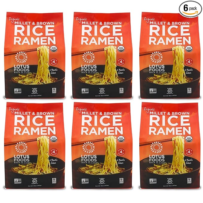 Lotus Foods Organic Millet &amp Brown Rice Ramen - Gluten Free Rice Ramen Whole Grain Ramen Noodles Low Sodium Rice Noodles USDA Organic Gluten Free Vegan - 10 Oz Bags (Pack of 6)