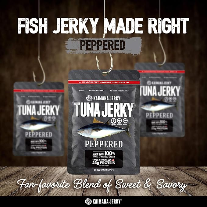 Kaimana Wild-Caught Ahi Tuna Jerky - Peppered | Rich in Omega-3s &amp High in Protein | All-Natural &amp Organic Fish Jerky (3 pack 2 oz)