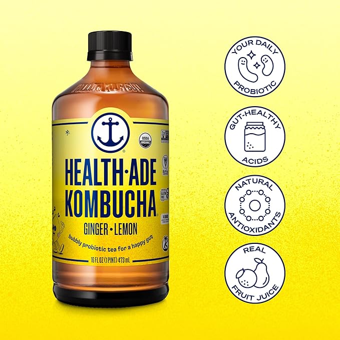 Health-Ade Kombucha Tea Organic Drink Fermented Tea with Living Probiotics Detoxifying Acids Supports Gut Health Non-GMO Vegan Gluten Free 12 Pack (16 Fl Oz Bottles) Ginger-Lemon