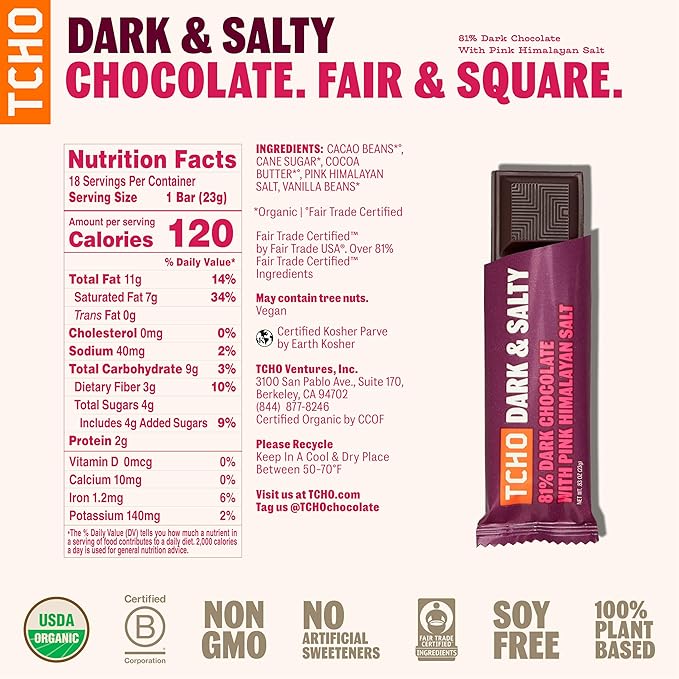 TCHO Dark &amp Salty Chocolate Bars (18 pack) | 100% Plant-Based Organic 81% Dark Chocolate with Pink Himalayan Salt | Vegan Soy-Free Gluten-Free Individually Wrapped Bars | A Guilt-Free Indulgen