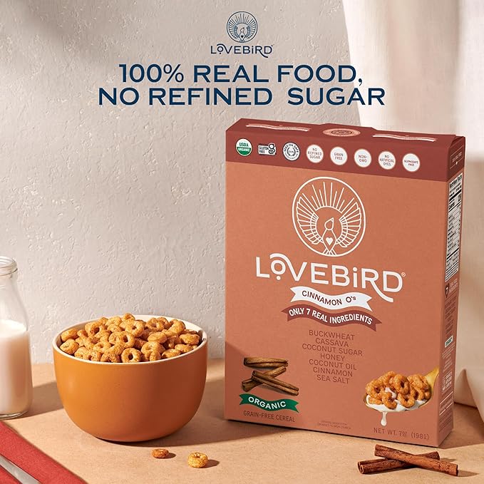 Lovebird Organic Cereal That Actually Tastes Good - 100% Real Food &amp Healthy Gluten Free Cereal No Refined Sugar Paleo Keto Friendly Healthy Snacks for Kids Adults - Cinnamon 3-Pack