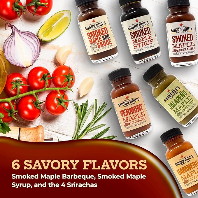 Sugar Bob's Finest Kind - Savory Maple Pantry 6 Flavor Variety Pack - Smoked Maple Syrup BBQ Sauce Maple Sriracha Hot Sauces &amp More - 2 oz Size