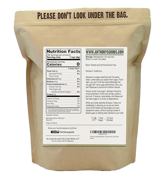 Anthony's Allulose Sweetener 2 lb Batch Tested Gluten Free Keto Friendly Sugar Alternative Zero Net Carb Low Calorie