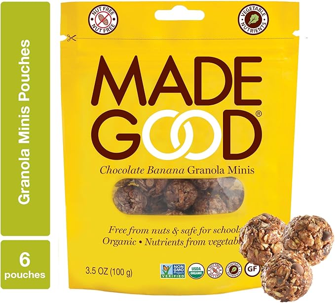 MadeGood Chocolate Banana Granola Minis 6 Pouches (3.5oz/Each) Wholesome and Delicious Bite-Sized Snacks Organic Made with Allergy Friendly Ingredients Ideal for School Safe Lunches and Snacks