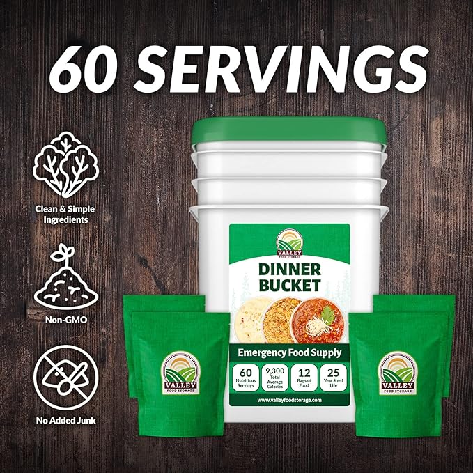 Valley Food Storage 60 Serving Dinner Bucket | Premium Emergency Food Supply with 25 Year Shelf Life | Non-GMO Survival Food Prepper Meals Camping &amp Off-Grid Living Supplies | Packaged in USA