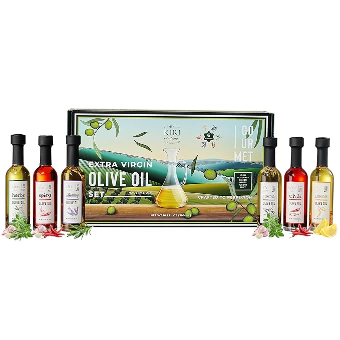 Kiri &amp Sons Olive Oil Gourmet Sampler Gift Set of 6 - Premium Extra-Virgin Blend Olive Oil Made In Spain Natural Flavors Include Herbs Chili Spice Rosemary Tuscan &amp Lemon - Gifts for Her