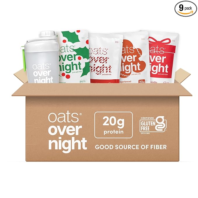 Oats Overnight - Holiday Variety Pack 20g Protein 5g Fiber Breakfast Shake - Gluten Free Non GMO Oatmeal Snickerdoodle Gingerbread &amp More (8 Pack + Shaker Bottle)