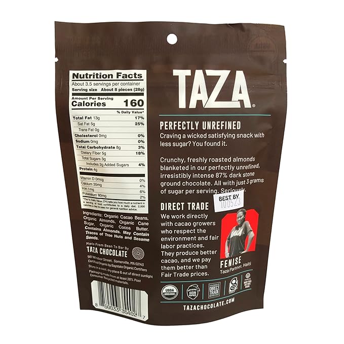 Taza Chocolate Organic Chocolate Covered Almonds 87% Wicked Dark Chocolate Vegan 3.5 Ounce (4 Count)