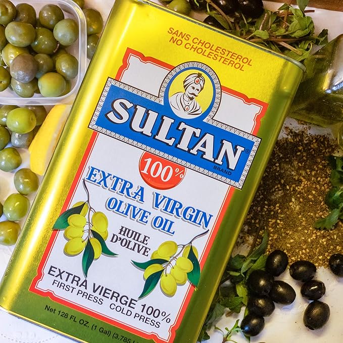Sultan Premium Extra Virgin Olive Oil – First Cold-Pressed Rich Fruity Flavor – Cholesterol-Free Culinary &amp Skincare EVOO – Ideal for Salads Sautéeing Dips – Imported from Turkey – 128 FL. OZ