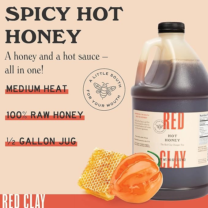 Spicy Hot Honey by Red Clay Hot Sauce Gluten Free Paleo Friendly Raw Wildflower Honey Sustainably Sourced Unique Sweet Condiment and Marinade Medium Heat Made in USA Bulk Size ½ Gallon Jug