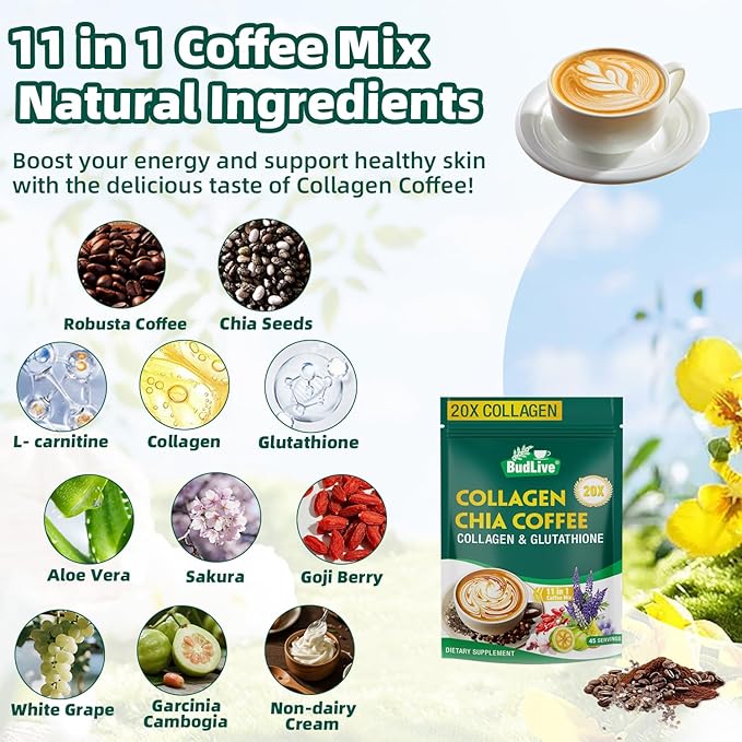 20X Collagen Chia Coffee 11 in 1 Coffee Mix with Collagen &amp Chia Seeds Goji Berry Supports Hair Skin &amp Nails Sugar Free Vegan 45 Servings (9.8Ounce (Pack of 2)