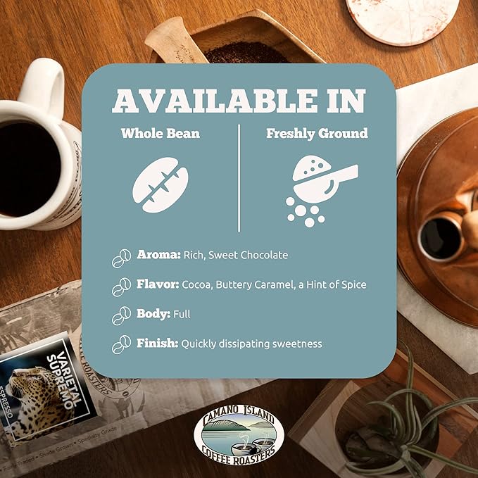 Camano Island Coffee Roasters Varietal Supremo Espresso Blend Whole Bean 12oz Fresh Dark Roast USDA Organic Fairly Traded Shade Grown Arabica Chocolate Caramel Hint of Spice Flavor Profile