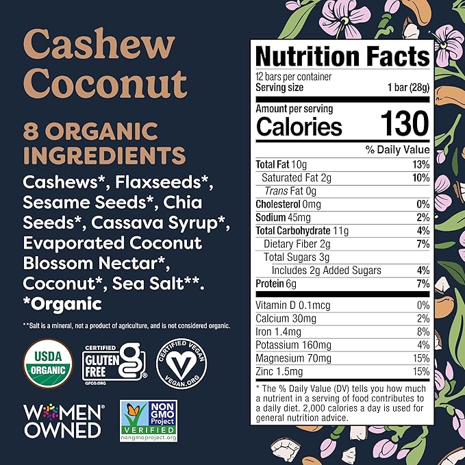Tosi Nut Bars Cashew Coconut Healthy Snacks for Adults &amp Kids Plant Based Crunchy Bars (6G Protein) Organic Keto Snacks Vegan Gluten &amp Soy Free Low Sugar Omega 3s 1oz 12-Pack