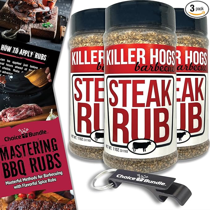 Killer Hogs Steak Rub Premium BBQ Barbecue Spice Seasoning 3 pk (33 oz) + Guide &amp Bottle Opener (5 Items)!