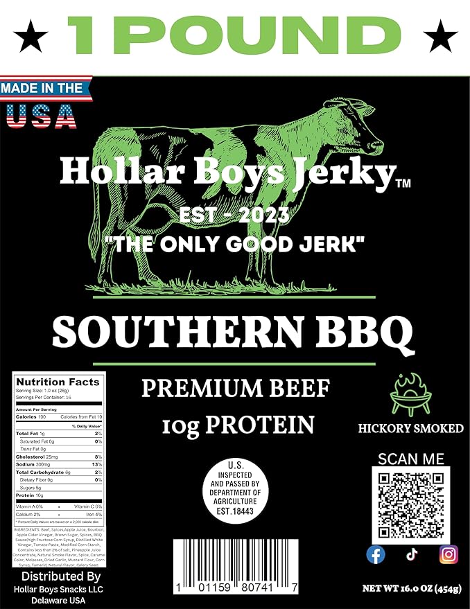Hollar Boys Snacks Southern BBQ Beef Jerky One Pound Resealable Bag Low Carb USA Made