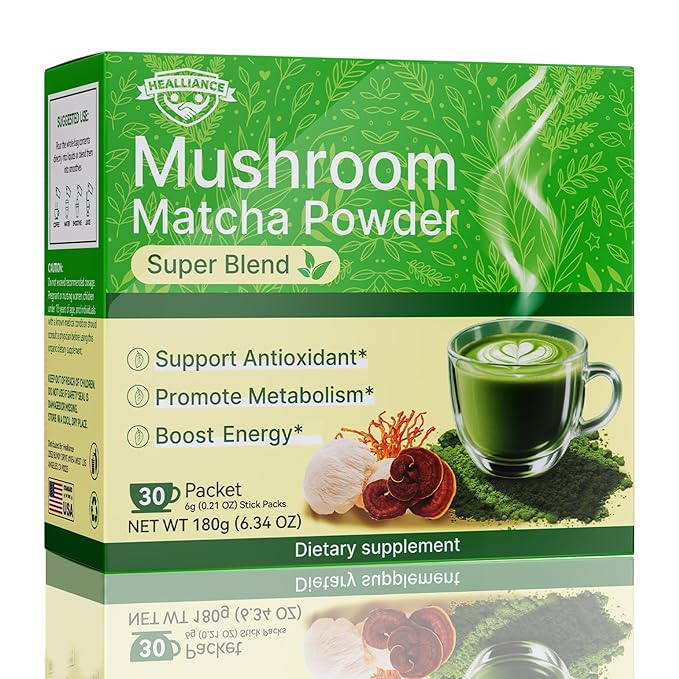 Matcha Powder Single Serving Sticks - Healliance Ceremonial Grade Matcha Powder with Lion's Mane and Ashwagandha for Calm Focus and Antioxidant Support (30 Packets)