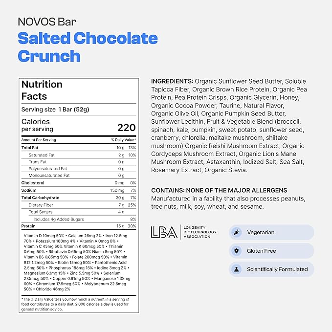 NOVOS Longevity Protein Bar Variety Pack (3 Flavors) – Peanut Butter Mixed Berry Crunch &amp Salted Chocolate Crunch | 15g Protein 20 Superfoods &amp Longevity Nutrients | Healthy Snack for Energy