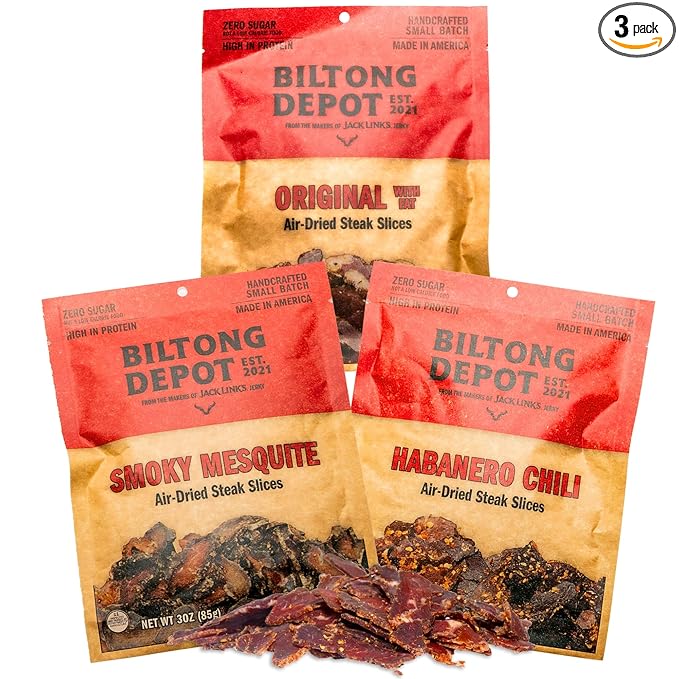 Biltong Depot Variety Pack – Smoky Mesquite Habanero Chili &amp Original with Fat | Biltong Slices | 3oz Bags (3 Pack) | Air-Dried Beef Jerky Snack | High Protein | Keto &amp Paleo Friendly | Zero