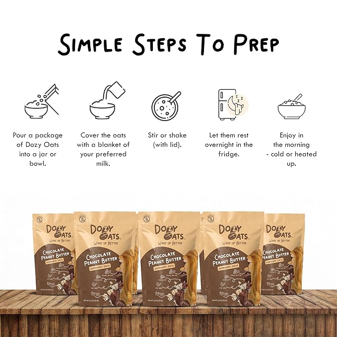 Dozy Oats Overnight Oatmeal Packets Chocolate Peanut Butter Multipack with Rolled Oats Chia Seeds and Date Powder. Gluten-Free Natural Source of Protein and Fiber 8-Pack and Jar