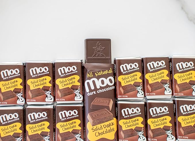 Moo Chocolates All Natural Solid Dark Chocolate Mini Bars 0.7 oz 14 ct (Pack of 1) | 100 Calorie Snacks for On-the-Go Lunchboxes Office