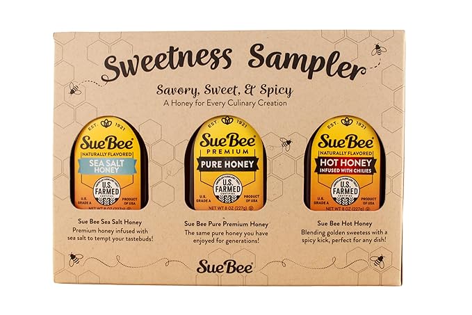 Sue Bee® Sweetness Sampler – 3 Pack Honey Gift Set | Original Hot &amp Sea Salt | Pure U.S. Farmed Certified | Gourmet Gift Set for Foodies Cooking Tea Charcuterie &amp Holiday Gifting 8 Ounce (