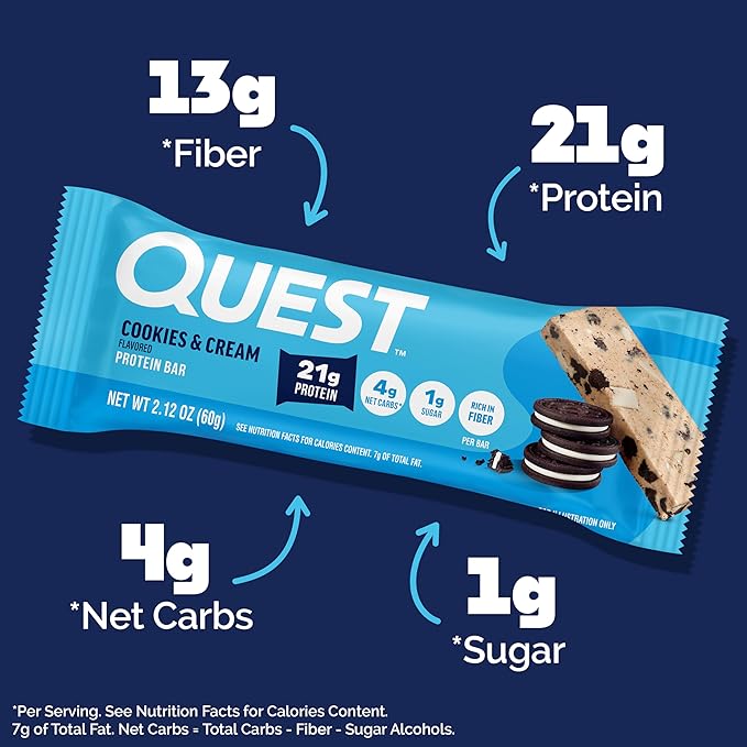Quest Nutrition Cookies &amp Cream Protein Bars 21g Protein 1g Sugar 4g Net Carb High Fiber Gluten Free Keto Friendly 12 Count