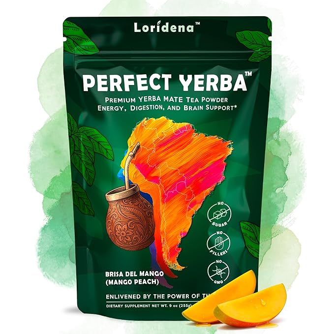 Perfect Yerba Instant Yerba Mate Tea Powder Drink – Mango Peach – Clean Energy + Focus + Gut Support (100mg Natural Caffeine Lion’s Mane L-Theanine Prebiotic + Probiotic + Enzymes) – 0g Sugar 30 S