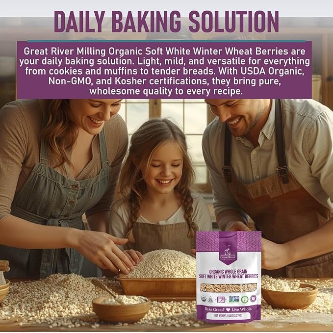 Great River Milling Organic Soft White Winter Wheat | Whole Grain Wheat Berries for Baking &amp Milling | USDA Organic Non-GMO Kosher | Ideal for Pastries Tender Breads Desserts Soup &amp Salad