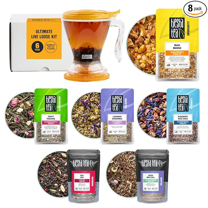 Tiesta Tea Ultimate Live Loose Leaf Kit Tea Starter Kit with High to Non-Caffeinated Blends Hot &amp Iced Brews Includes Black Green Herbal Sample Bags and 16oz Brewmaster Dispensing Infuser
