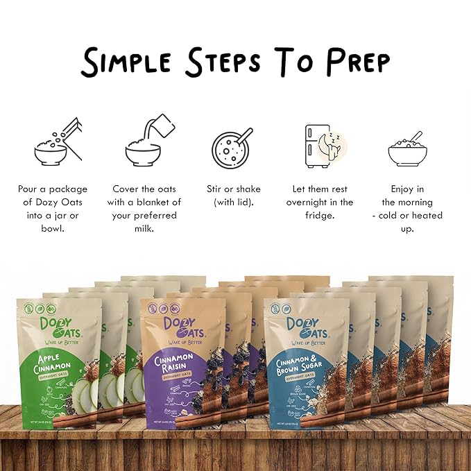 Dozy Oats Overnight Oatmeal Packets Cinnamon Oatalicious Variety Box with Rolled Oats Chia Seeds Date Powder and Dried Fruit. Gluten-Free Natural Source of Protein and Fiber 15-Pack