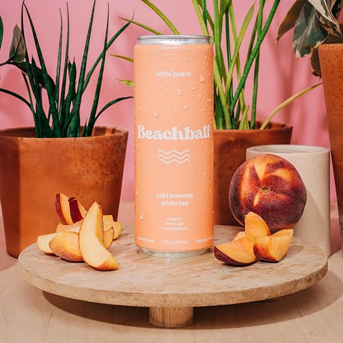 Beachball Organic Iced Tea White Peach Cold Brewed White Tea Low Sugar 12 pack (12oz can) antioxidants immune support electrolytes vitamin c